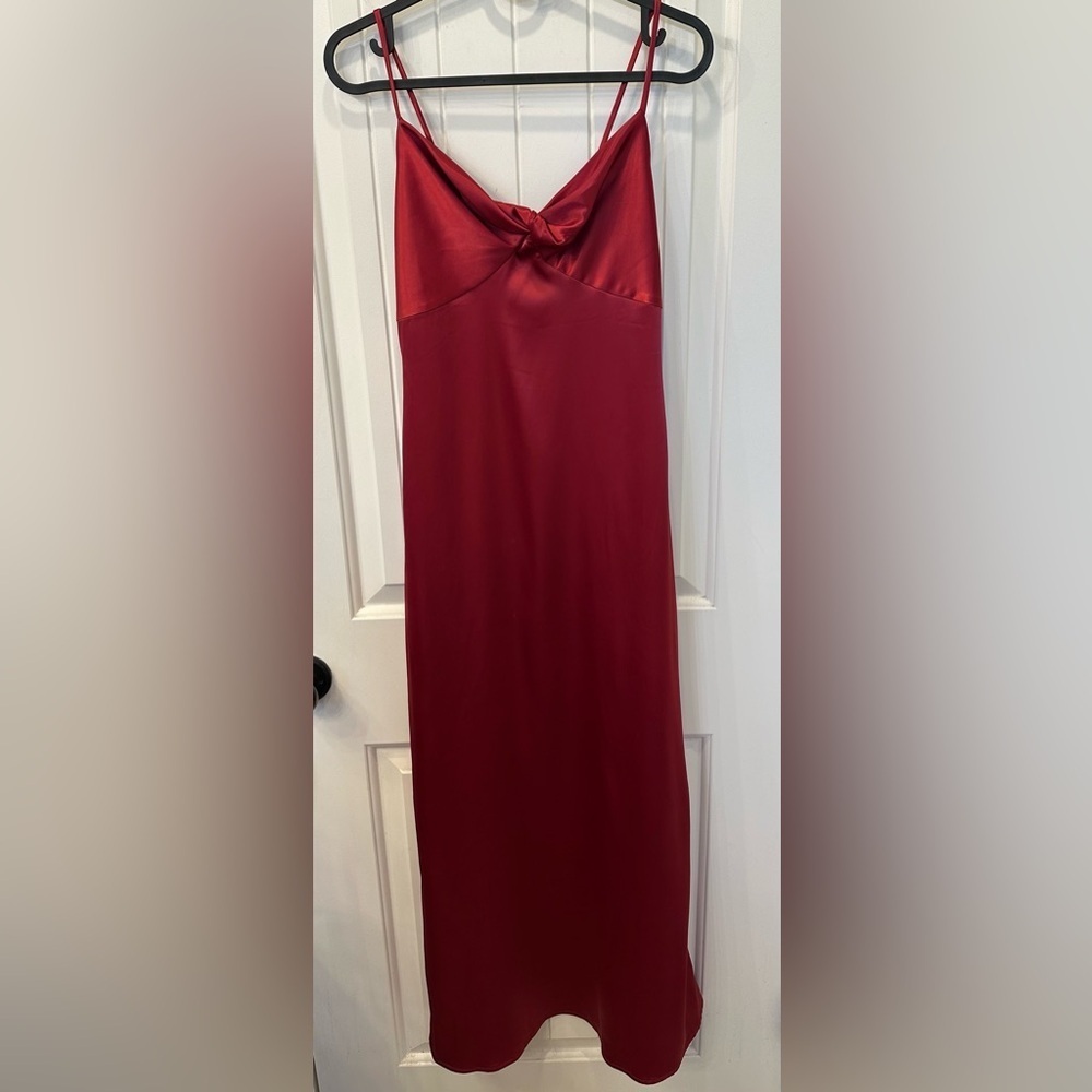 Romantic Flirt Wine Red Satin Twist-Front Midi Dress Size 2
